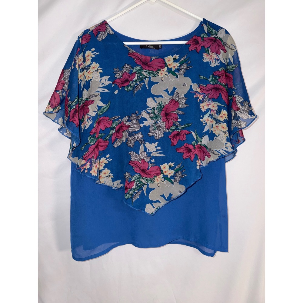 Yuna‎ Fashion Blue Floral Flutter Sleeve Chiffon Layered Blouse Size SM